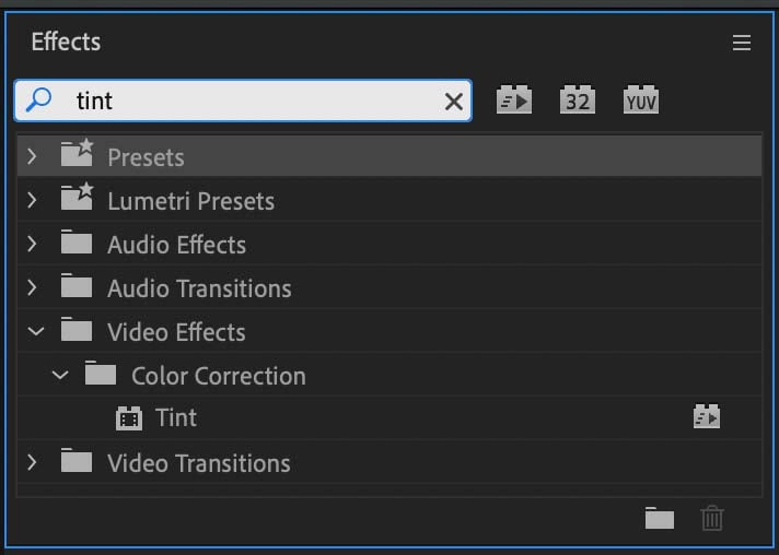 Tint effects listed in the Premiere Pro effects library