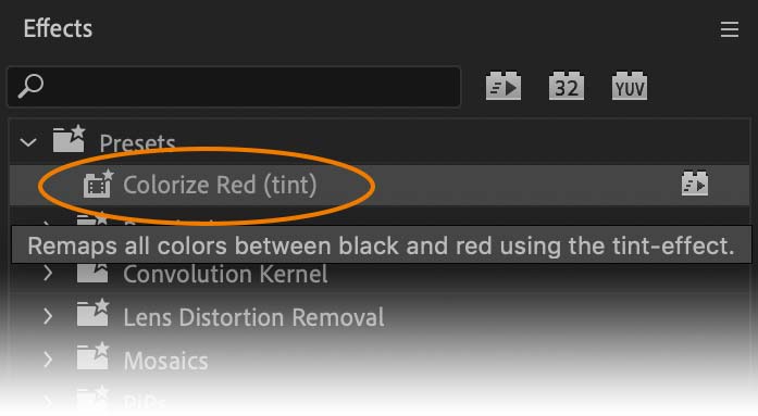 Presets listed in the Premiere Pro Effects Browser
