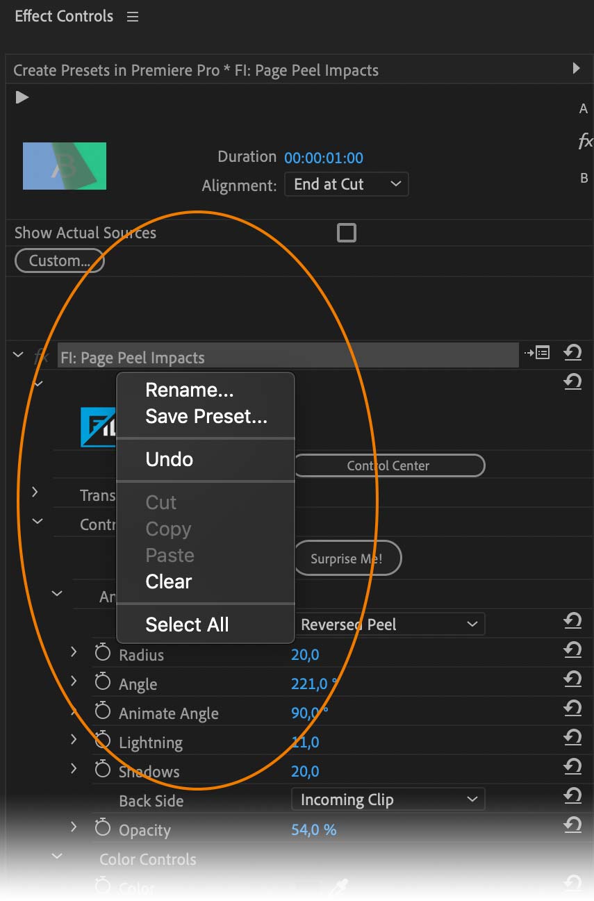 Create preset from Page Peel Effect