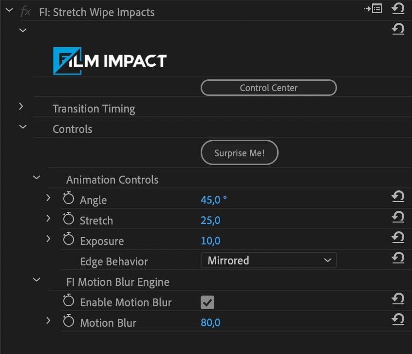 Screenshot customization options of the Stretch Wipe Impacts video transition for Premiere Pro