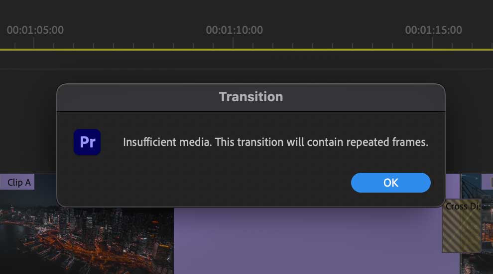 insufficient media. This transition will contain repeated frames. Premiere Pro dialogue